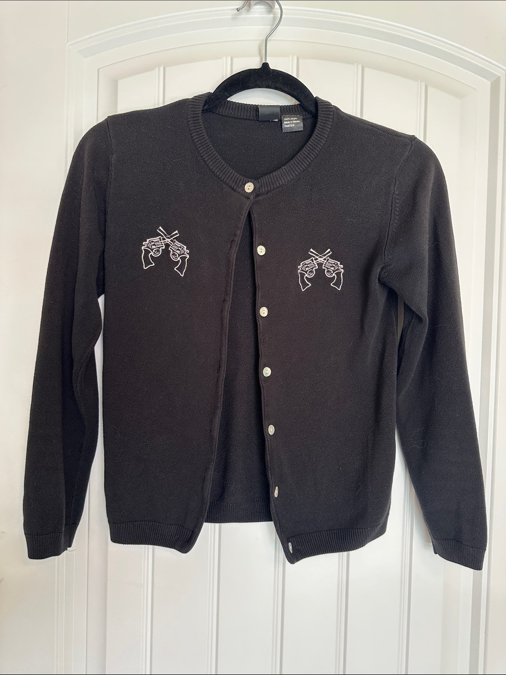 Black Retro Rockabilly Cardigan with Embroidered Handgun Motif